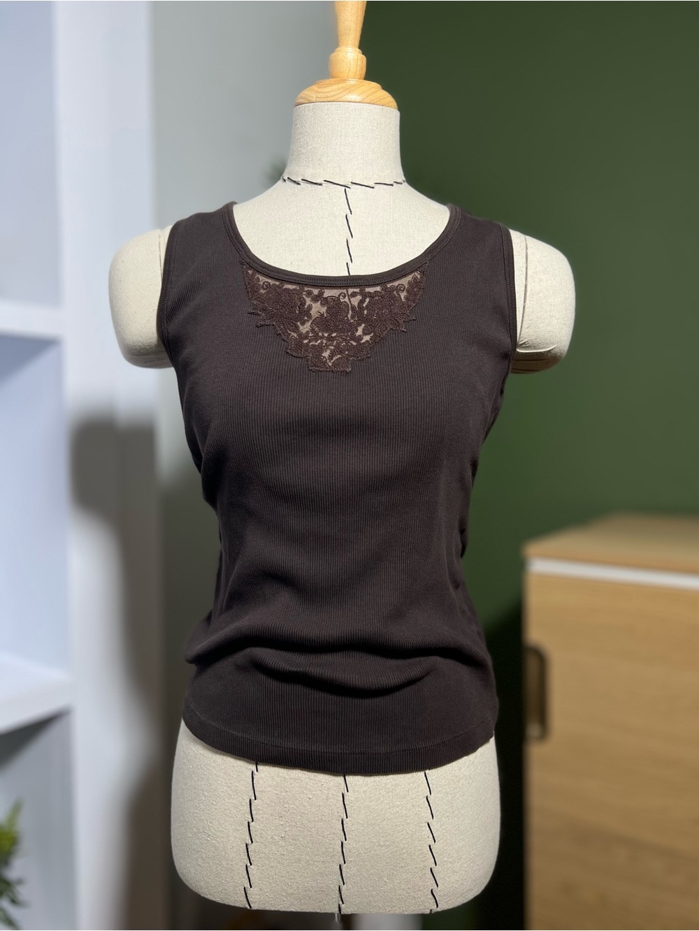 Lauren Ralph Lauren Brown Ribbed Lace Tank Top Size M